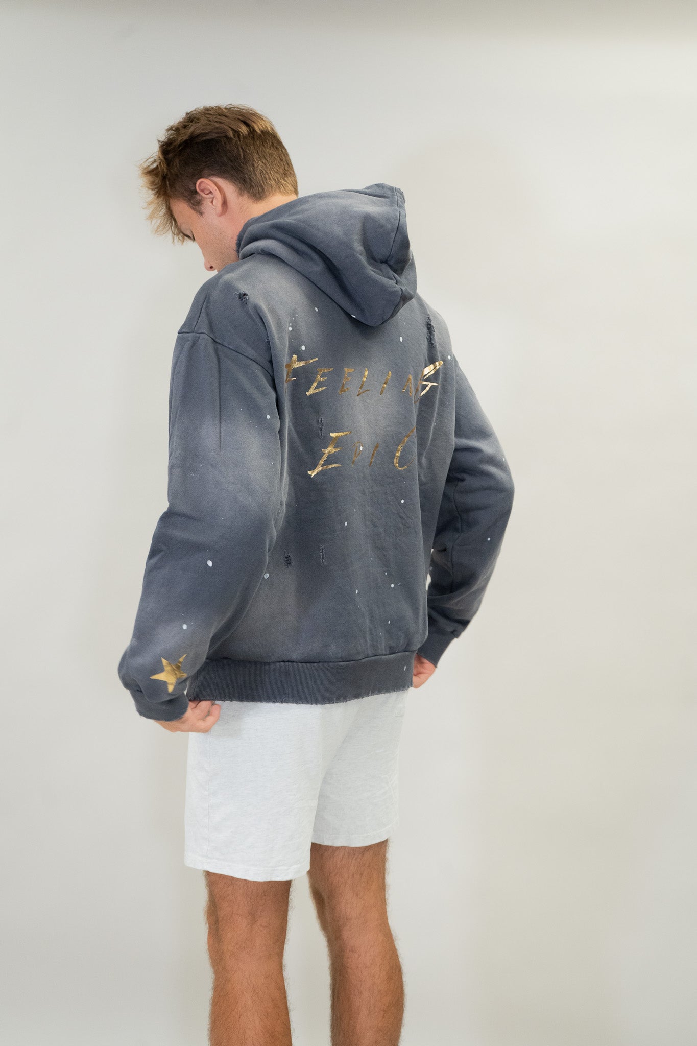 Feeling Epic Acid Wash Hoodie – Gray + Gold Edition